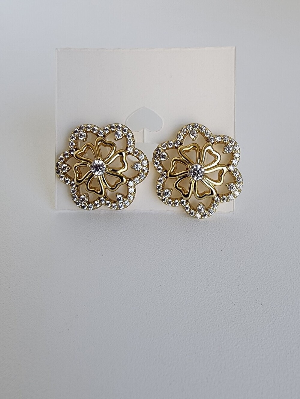 Gold Plated Flower Stud Earrings CZ Crystal Floral Clover Lucky Earrings
